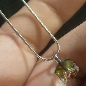 Square crystal pendant collar necklace on a silver snake chain. 15 inches long